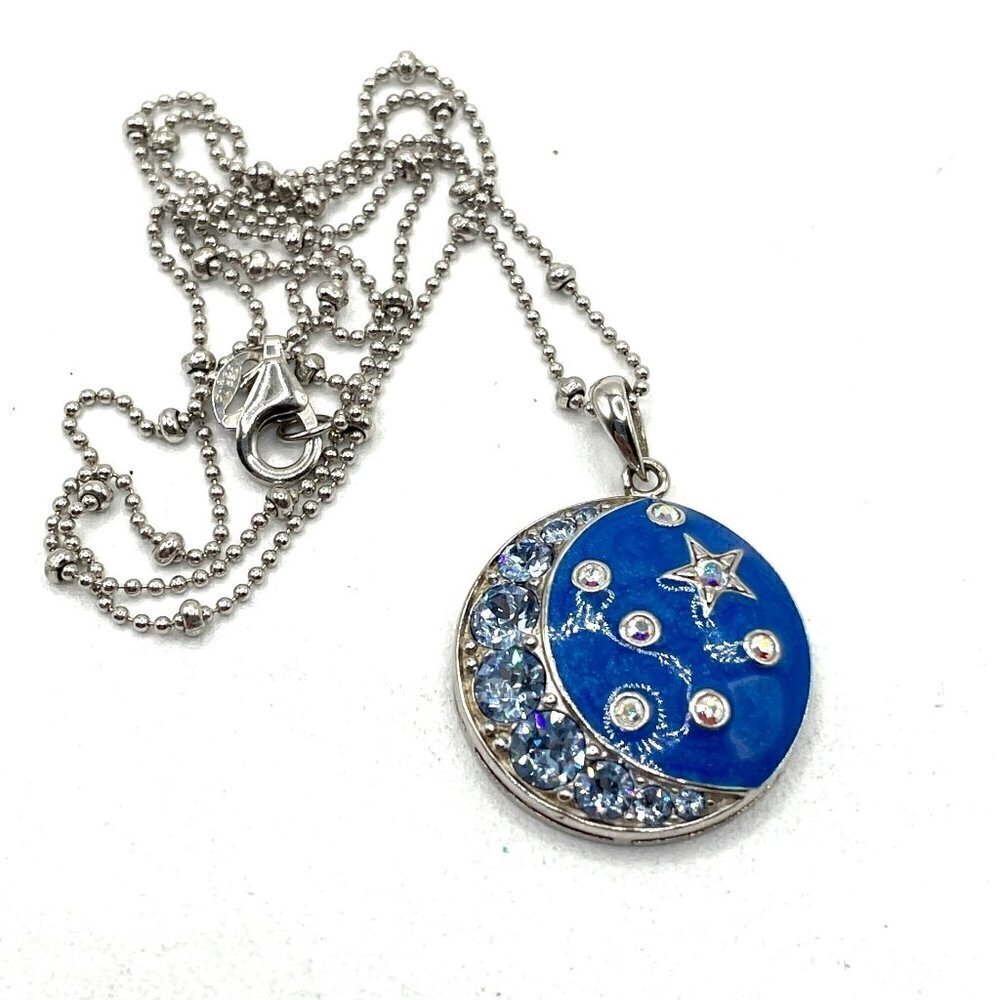 Celestial Stars Moons .925 Sterling Blue Enamel CZ Pendant Necklace 10" Drop